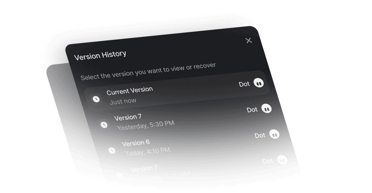 A version history panel listing earlier versions of a record