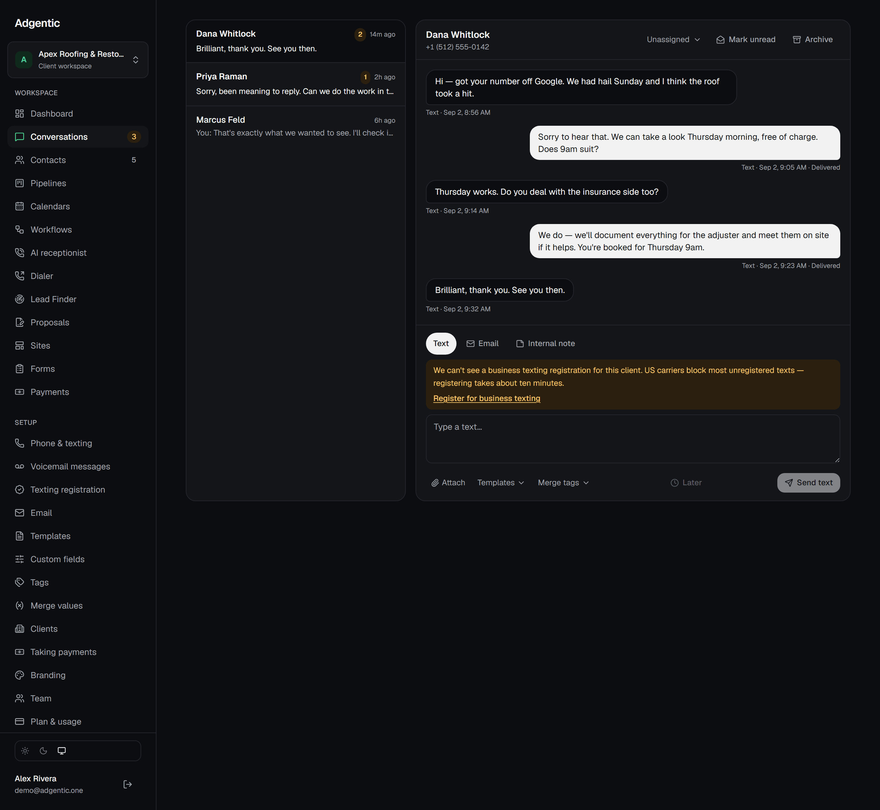 A conversation thread with a lead, with the reply the agent sent while nobody was at the desk