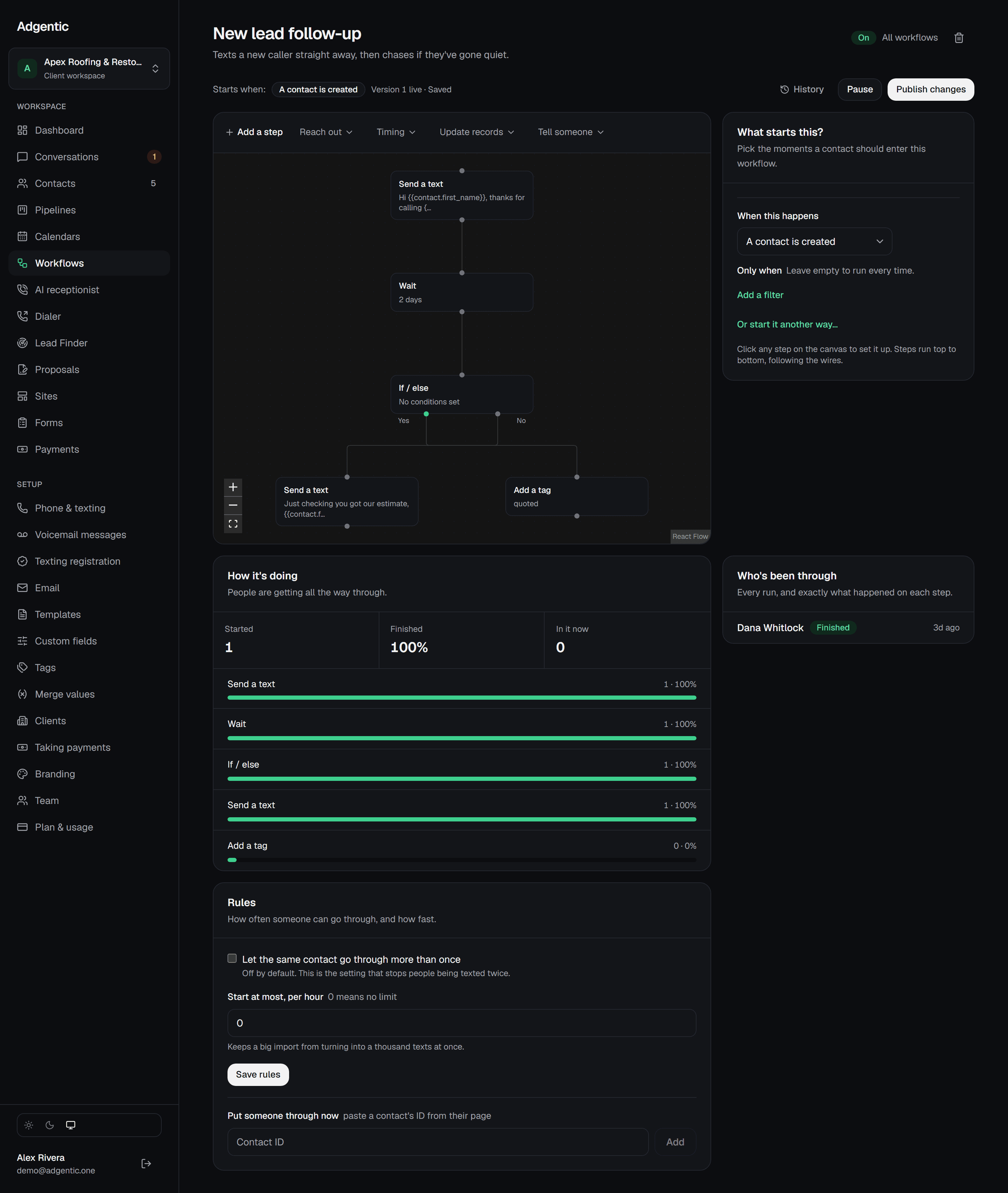 The workflow builder, showing a new-lead follow-up sequence on a canvas